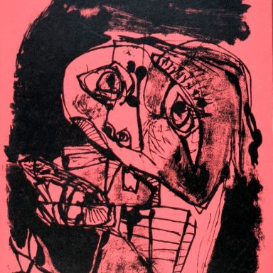 Dessin en noir et rouge de Karel Appel montrant un visage ressemblant à celui d'E.T. pour illustrer la poésie d'Emmanuel Looten