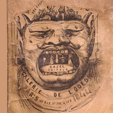 Couverture de l'édition originale de 1844 des Mystères galans des théâtres de Paris. La caricature représente le docteur Louis-Désiré Véron.