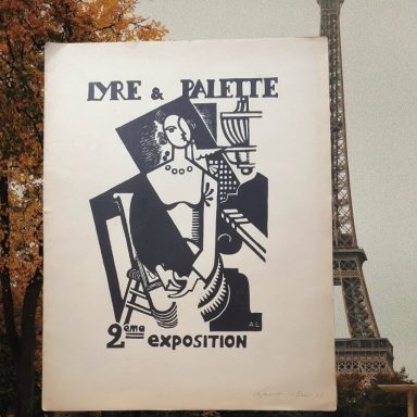 Plaquette de la 2e exposition Lyre & Palette illustrée d'un bois en noir par le peintre cubiste André Lhote et montrant une jeune femme 